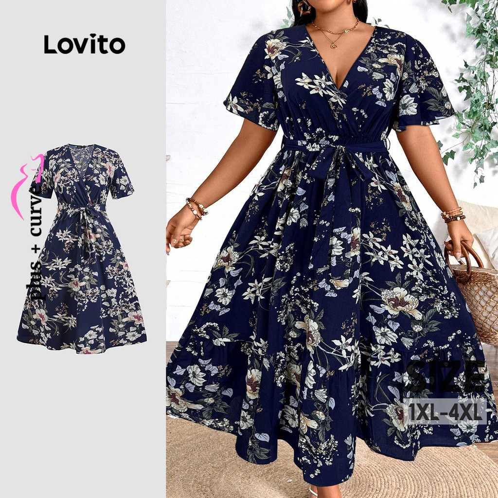 Lovito Vestido Casual Curva Plus Size Floral Com Cinto Com Cadarço Verão/Primavera Praia Férias Para Mulheres LBL23726 - Women Clothes