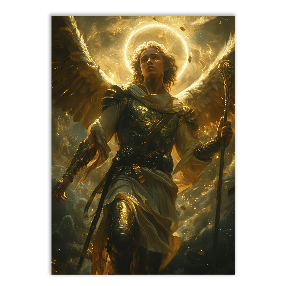 Placa Decorativa Arcanjo Miguel Ilustração Asas Cajado Ouro Decoração Poster Quarto Sala