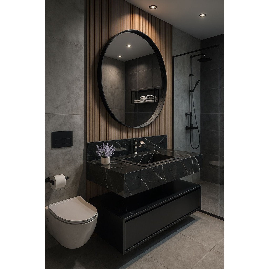 Bancada em Porcelanato para Banheiro Completa Alto Padrão 100cm Com Cuba Esculpida Preto em Oferta na Shopee