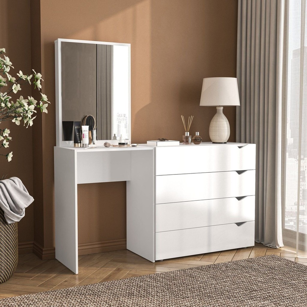 Cômoda Penteadeira 4 Gavetas com Espelho Porto Branco em Oferta na Shopee