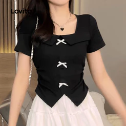 (Casual) Lovito Camiseta Com Laço Liso Na Frente Para Mulheres L121AD1184