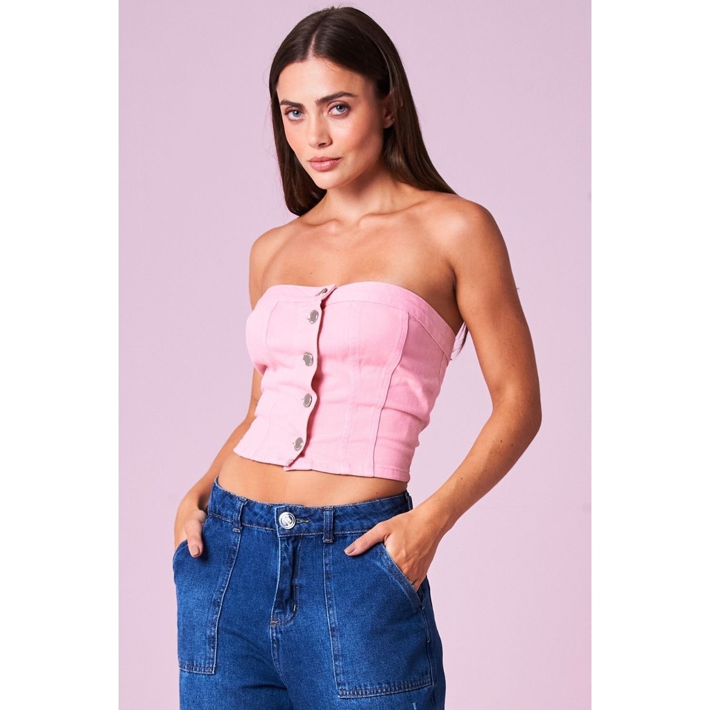 Cropped Feminino em Sarja Sem Mangas Planet Girls Rosa - Women Clothes