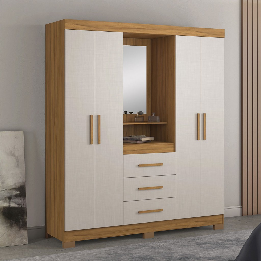 Guarda-Roupa Casal 4 Portas 3 Gavetas com Espelho Essen Freijó Trend/Off White Tx - Pnr Móveis em Oferta na Shopee