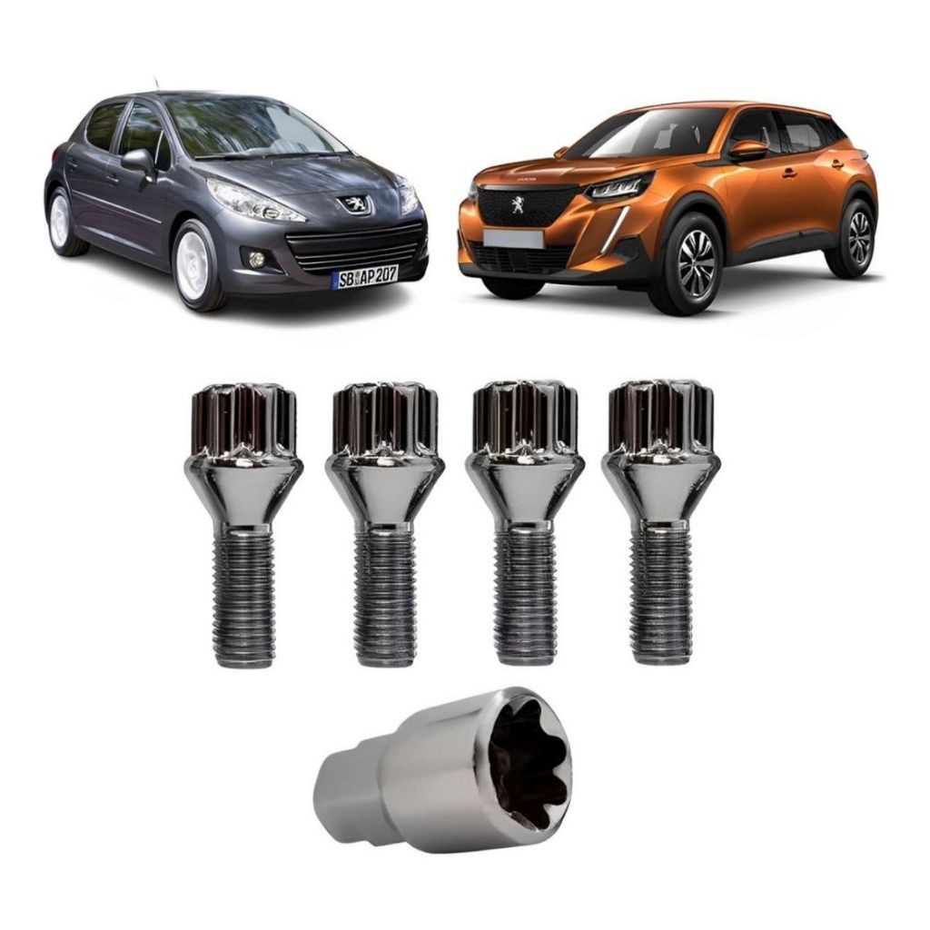 Kit 04 Parafuso Roda + Chave Antifurto 12x1,25 Peugeot 2008