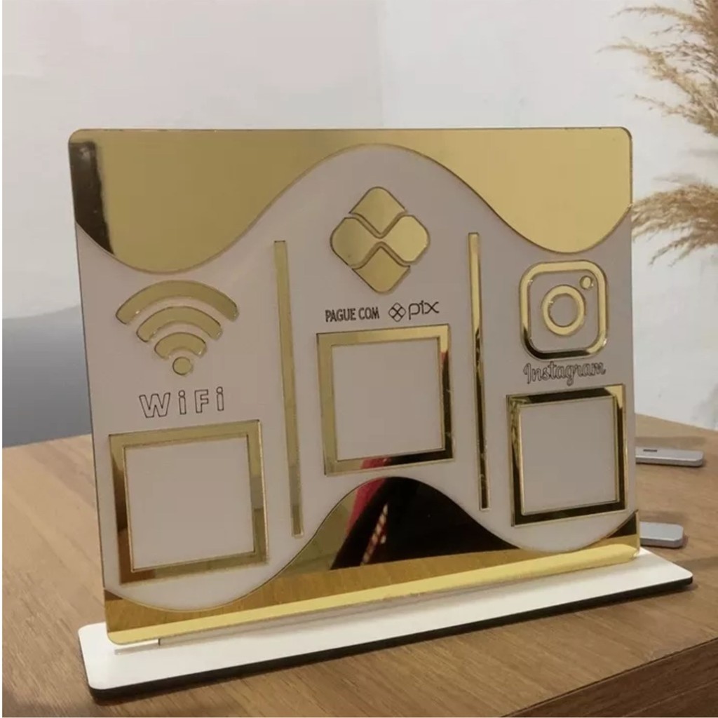 📲✨ Placa Display de Mesa & Balcão para QR Code 📌 WhatsApp💬Pix 💳 Instagram📸MDF Branco + Acrílico Dourado Espelhado💎