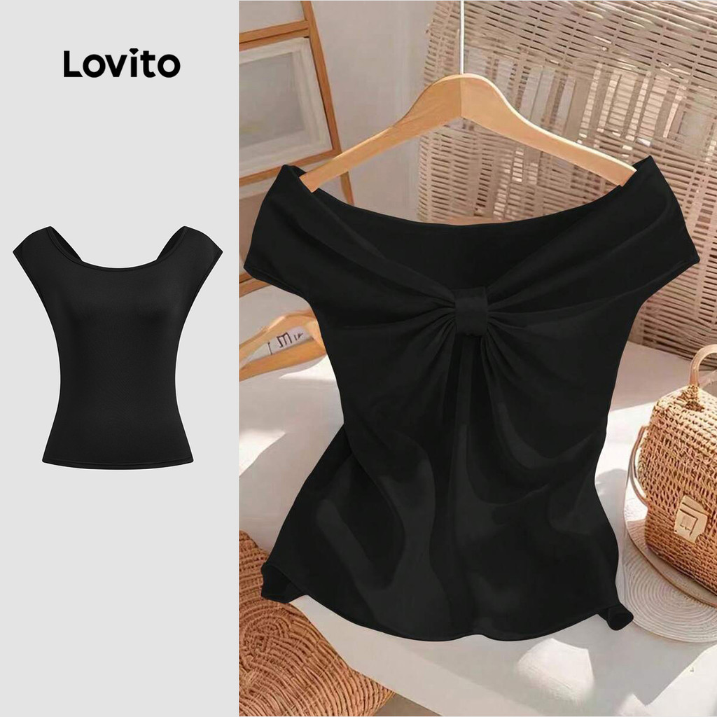 Lovito T shirt Casual com Laço Nas Costas Macio e Confortável para Primavera/verão T shirt preta L137ED649 em Oferta na Shopee