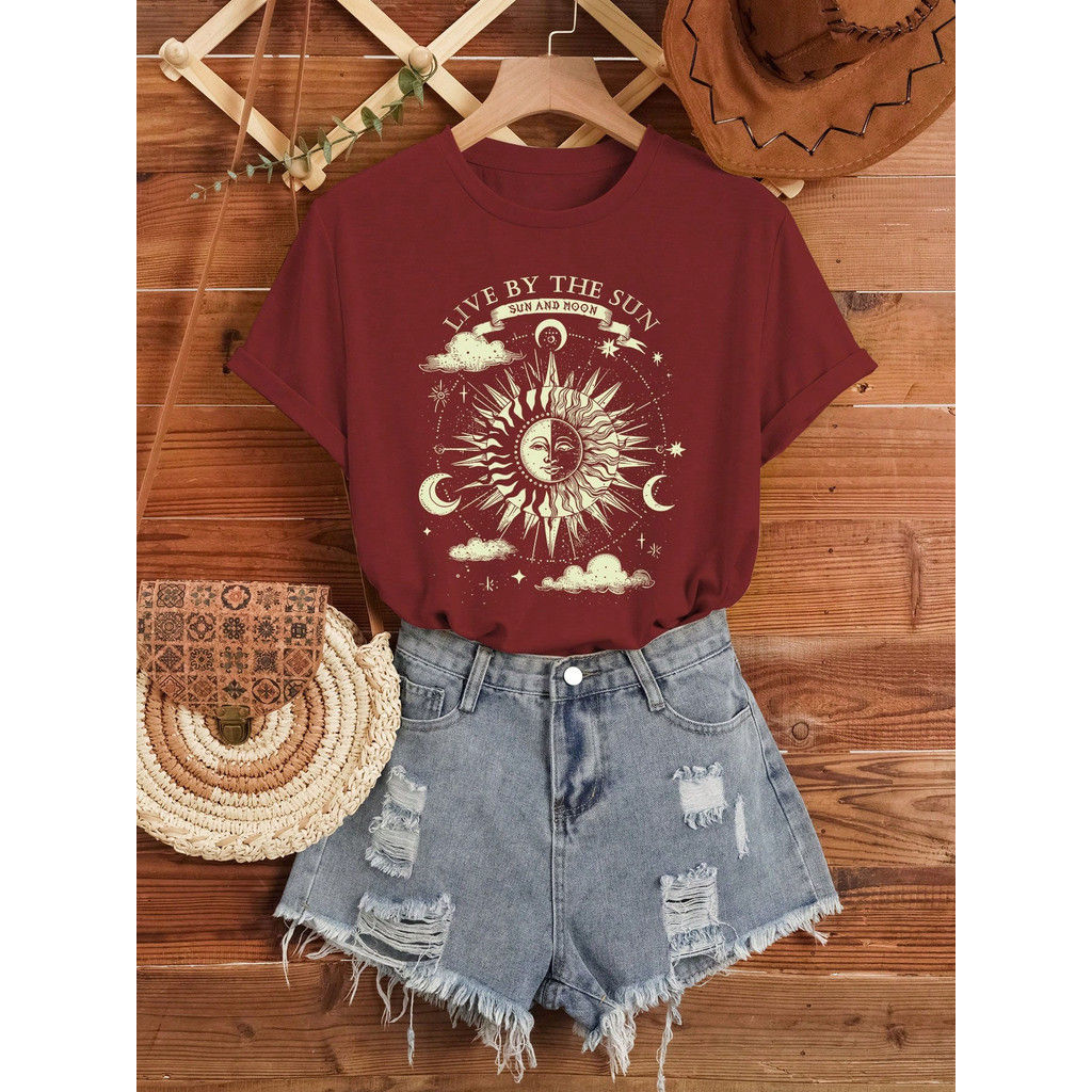 Tshirt Feminina Estilosa Estampada Live By The Sun Lançamento Camiseta 100% Algodão Camisetão Camisa Oversized Plus Size