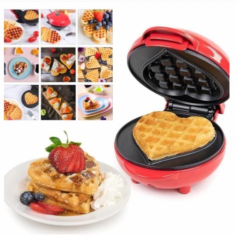 Mini máquina de waffle elétrica portátil para panquecas em formato de coração 110v ou 220v