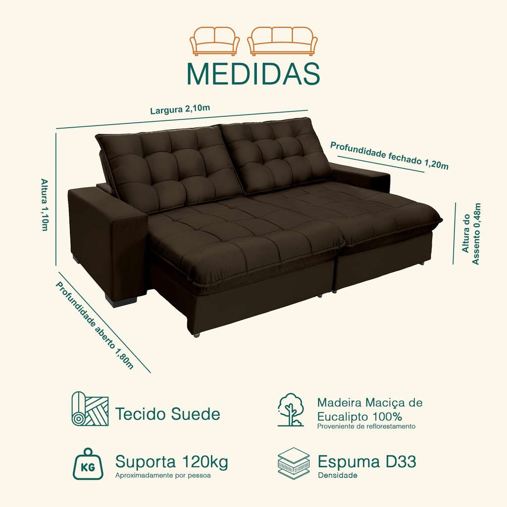 Sofá Retrátil E Reclinável 2,10m Suede Califórnia Marrom Café · foto 2