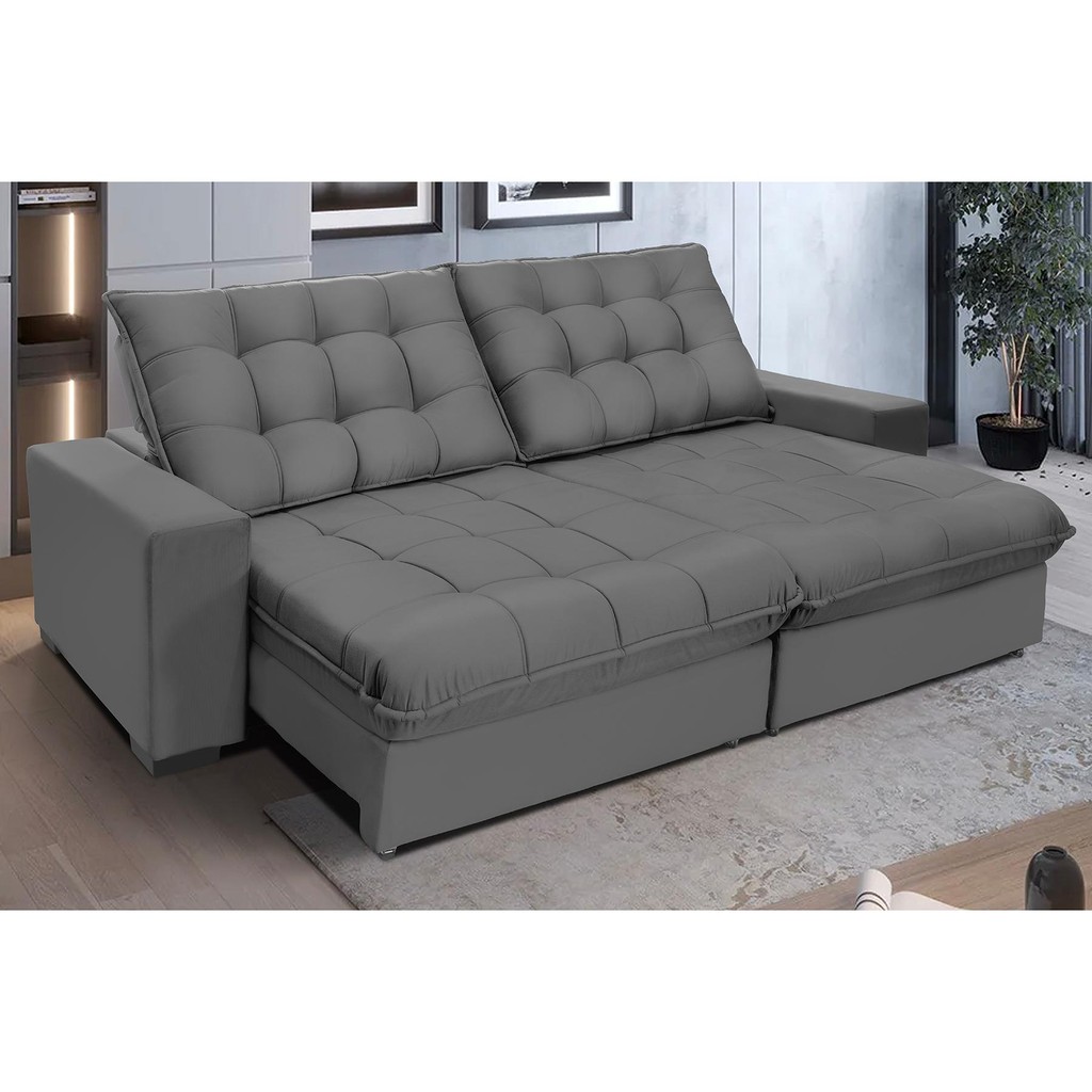Sofá Retrátil E Reclinável 2,50m Suede Cinza Califórnia