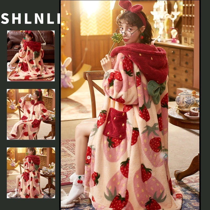 Robes Femininos Versáteis De Lã Coral Morango Inverno Grosso Quente Longo Pijamas