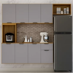 Cozinha Compacta Suspensa 8 Portas 1 Gaveta Nicho e Prateleiras Zarah Cinza/Cinamomo/Acetinado Cinamomo/Cinza Acetinado