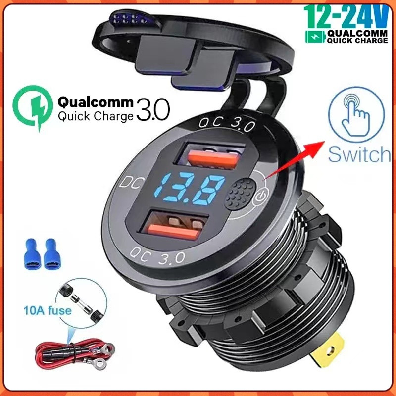 Tomada Carregador Carro Usb Tipo C Pd3.0 Voltimetro Azul em Oferta na Shopee