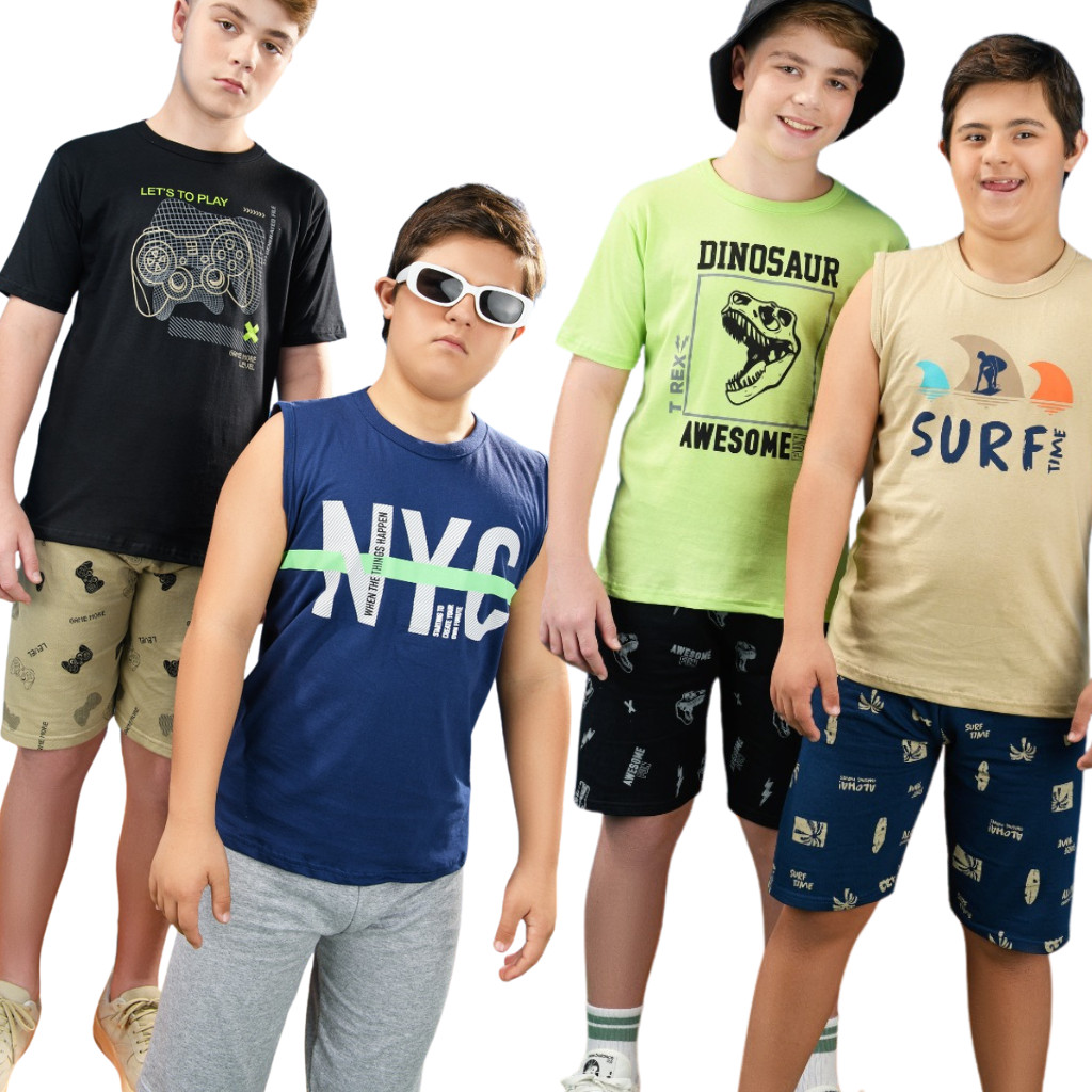 Kit 4 Peças de de Roupa Conjunto Infantil Juvenil Masculino 10 ao 16 anos de Algodão Bermuda + Camiseta
