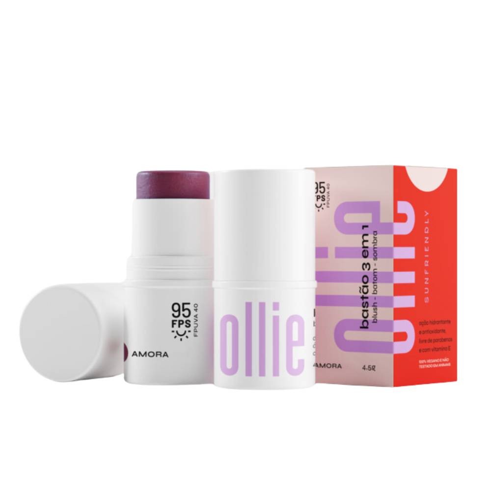 Bastão Ollie 3 em 1 Blush, Batom e Sombra FPS 95 Amora com 4,5g - Beauty