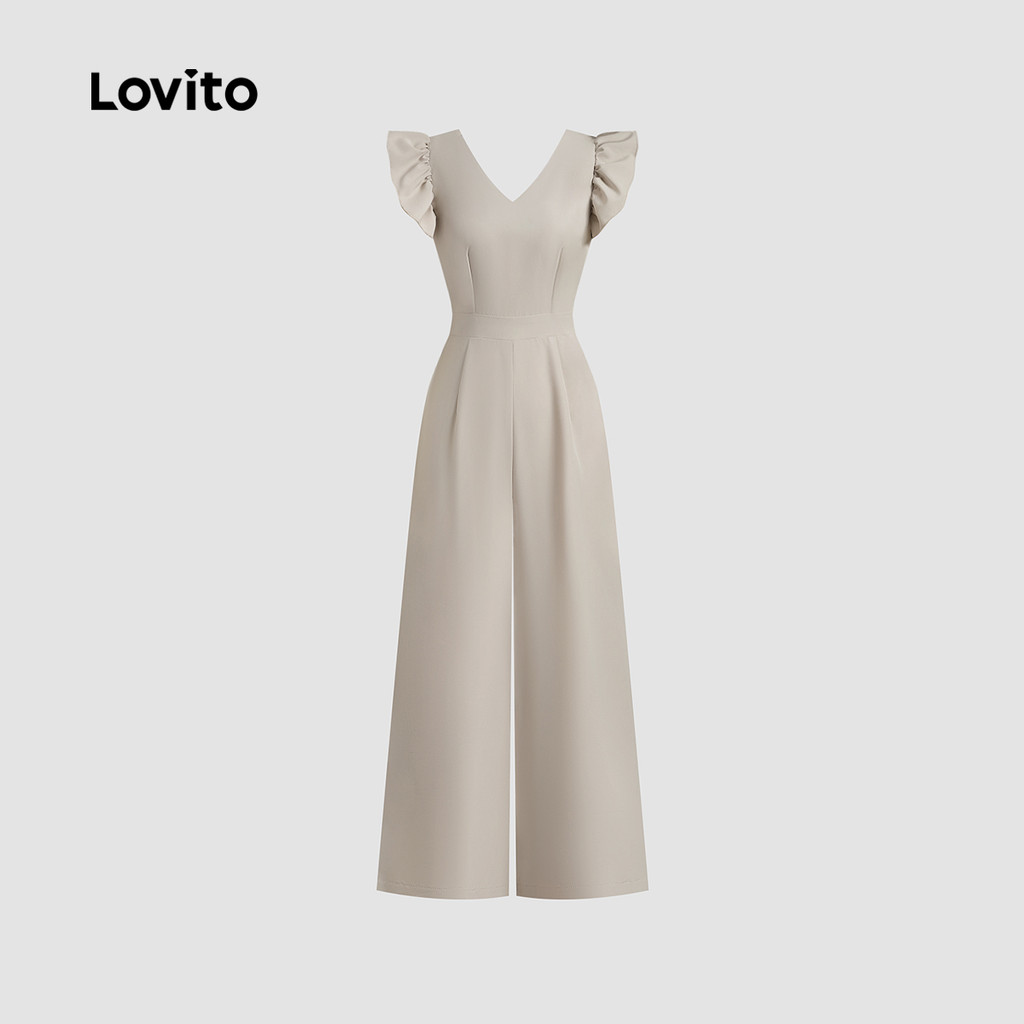 Detalhes do Lovito Macacão Casual com Babados  Botões Nas Costas  Sem Mangas  Primavera/verão  Caqui  para Mulheres L142ED099