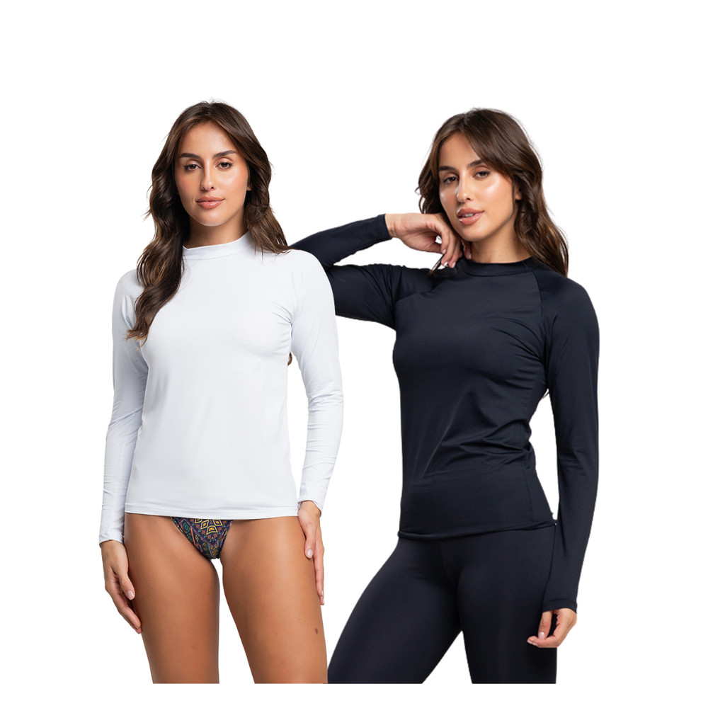 KIT 2 Blusas Camisa Manga Longa Feminina Proteção Solar UV 50+ Segunda Pele Praia Piscina Térmica Malha Fria Gelada