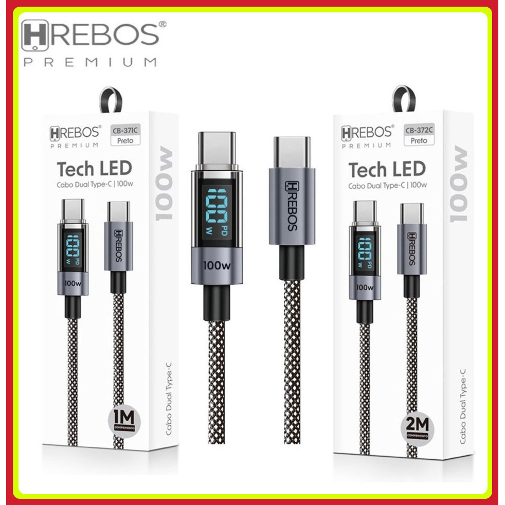 Cabo Tipo C Turbo 100W PD Carregamento Rápido com Visor de Potência com Mostrador LED USB C Original HREBOS CB-371c
