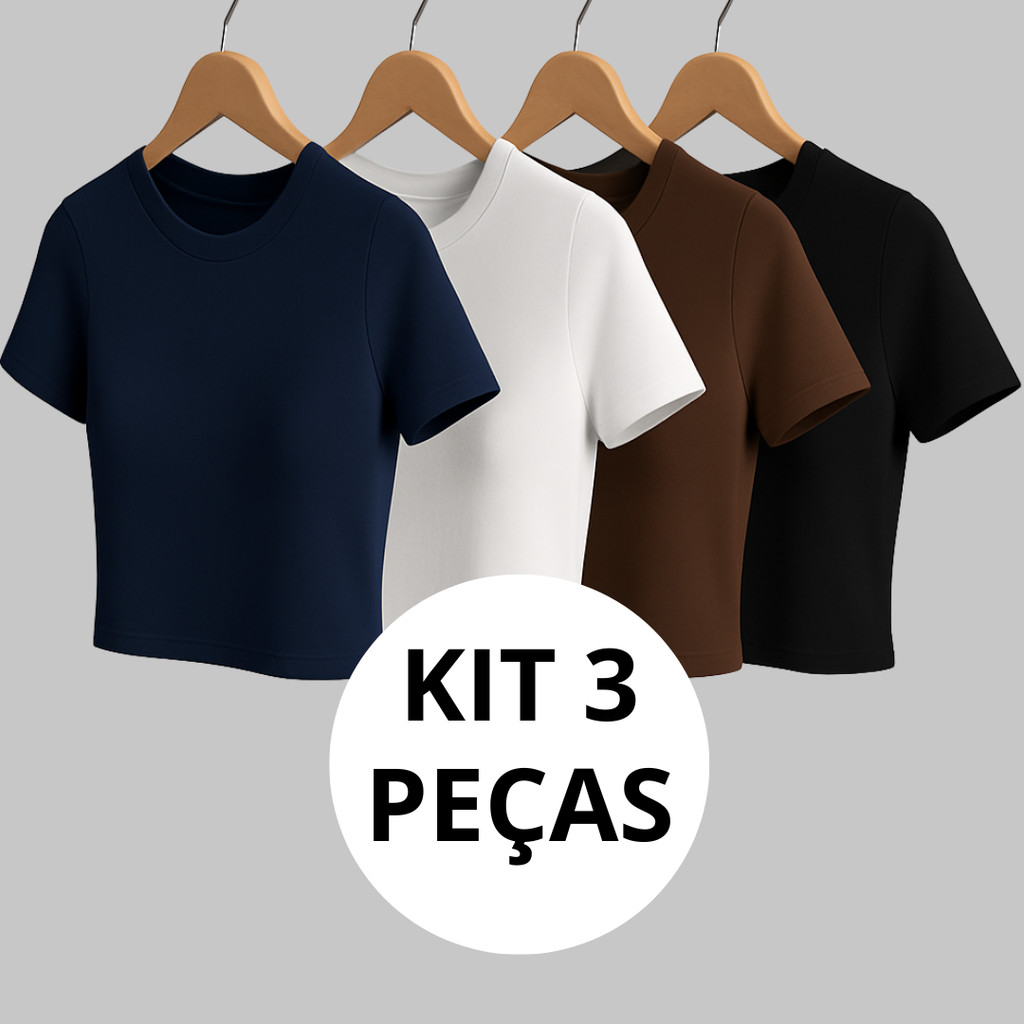KIT 3: Baby Tee Feminina suplex Blusa Slim Fit Manga Curta - Blusa de Compressao academia