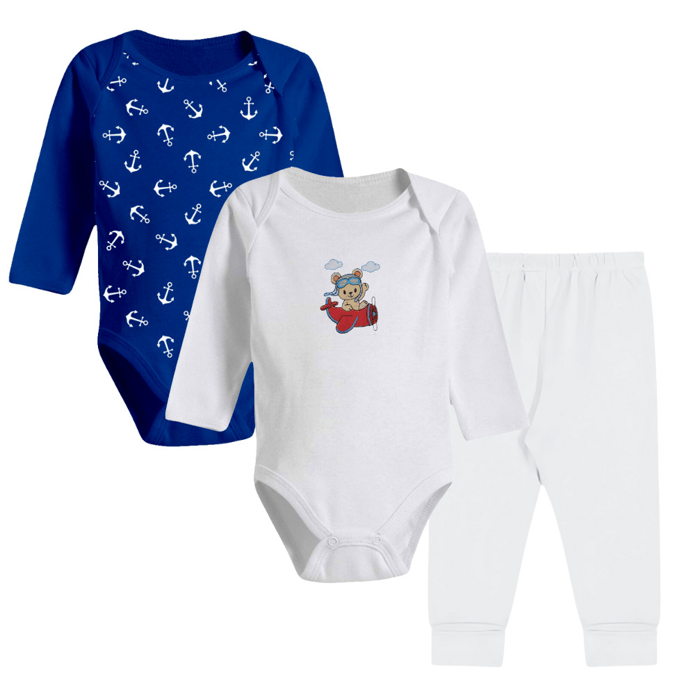 Kit 3 Peças Bebê Body Bordado Mijão e Body Reativo Algodão