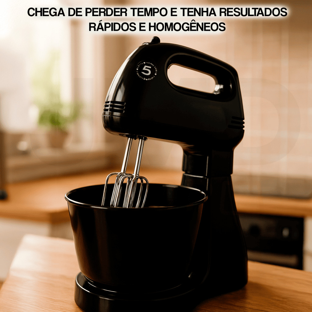 Batedeira Planetária 300W 5 Velocidades Tigela 2,5L Aço Cromado Batedeira Elétrica Planetária 300W Compacta e Moderna