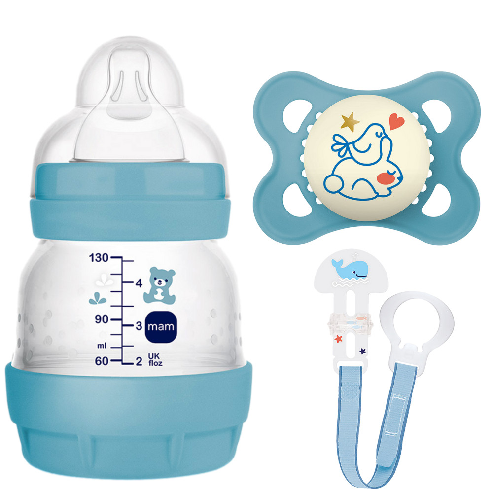 Kit MAM Mamadeira Easy Start 130ml Azul + Chupeta Night 0-6 Meses Azul + Prendedor De Chupeta Azul em Oferta na Shopee