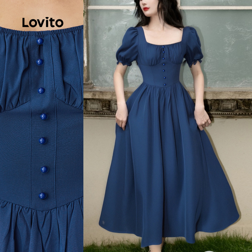 Lovito Vestido Elegante Feminino Estrutura Lisa Linha Botão Frontal Vestido De Verão/primavera LBL24070 em Oferta na Shopee
