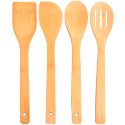 Kit Utensílios de Bambu 4 Peças para Cozinha Espátulas e Colheres
