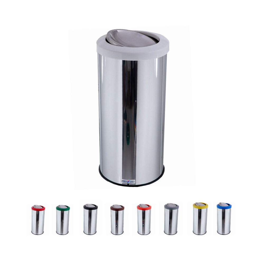 Lixeira Redonda Aco Inox 25 Litros Tampa Flip Top Com Aro Plastico e Miolo Inox Resistente