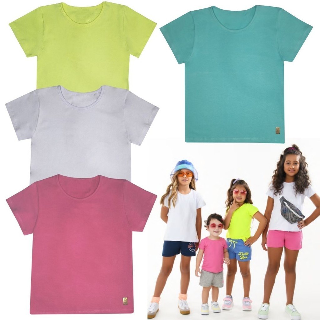 Kit 4 Camiseta Blusinha Babylook T-shirt Básica Menina Algodão Cotton Manga Curta Infantil Juvenil Lisa Roupa Verão Fem