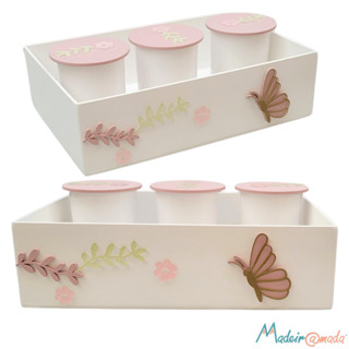 Bandeja Decorativa de MDF Kit para Bebê: Jardim com Flores e Borboletas + 3 Potes Inclusos em Oferta na Shopee