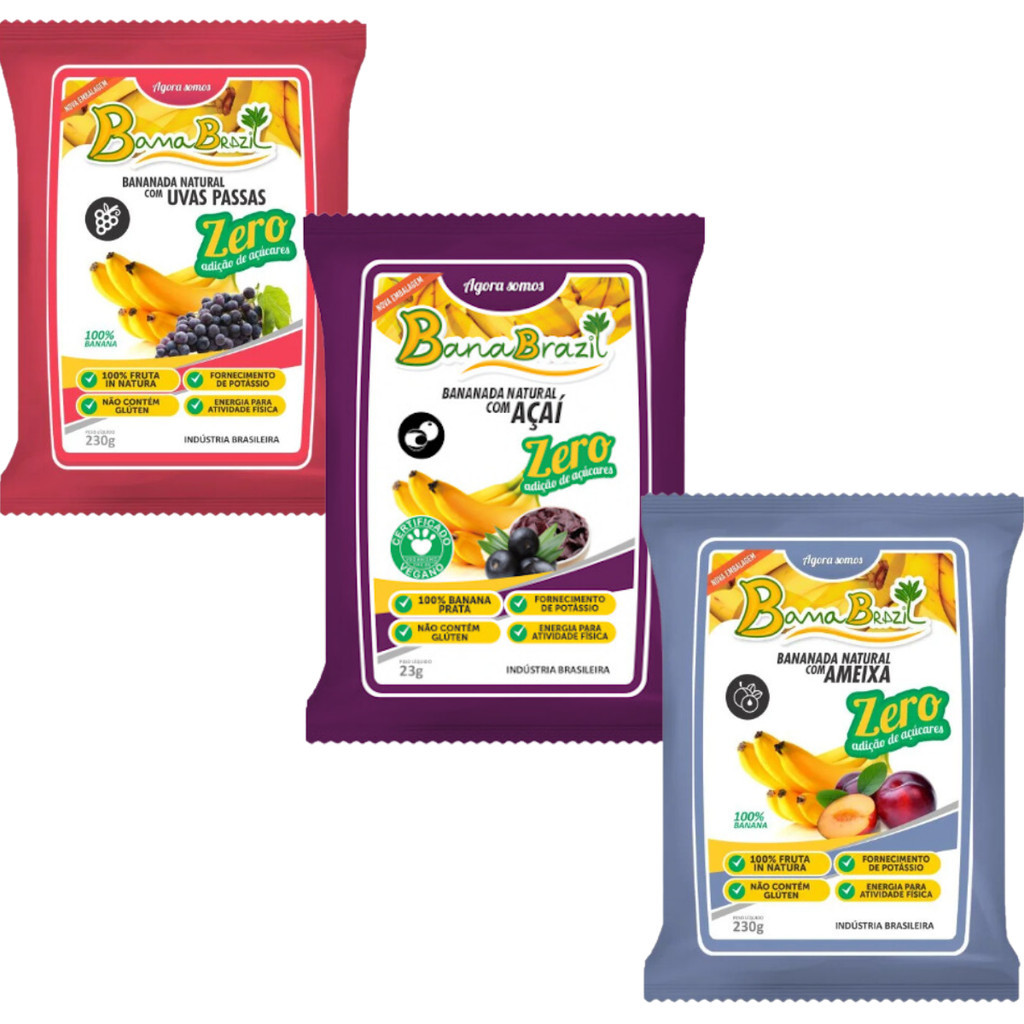 Kit Bananada 3 pacotes Ameixa - Açaí e Uvas Passas - Sem adição de açucares