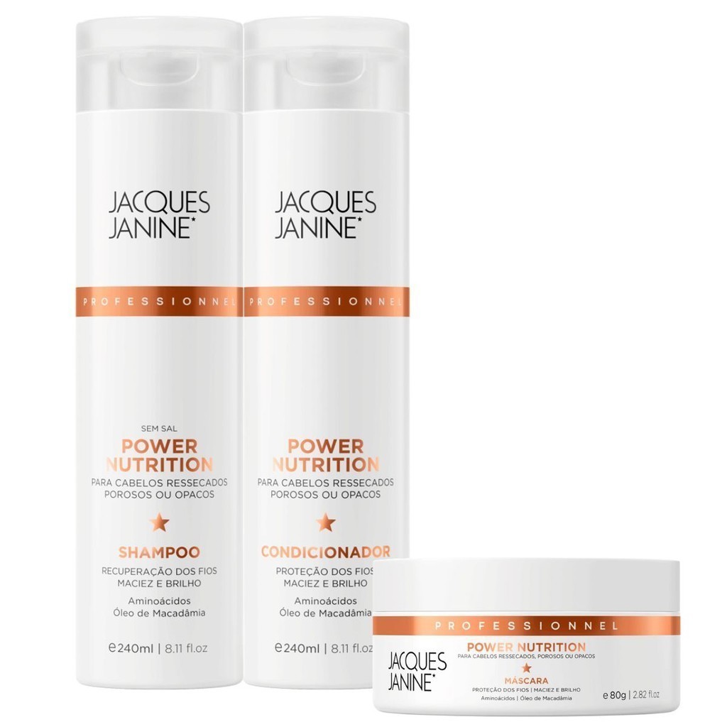 Kit Jacques Janine Power Nutrition Shampoo Sem Sal Condicionador Leave-In 240ml Máscara Creme 80g