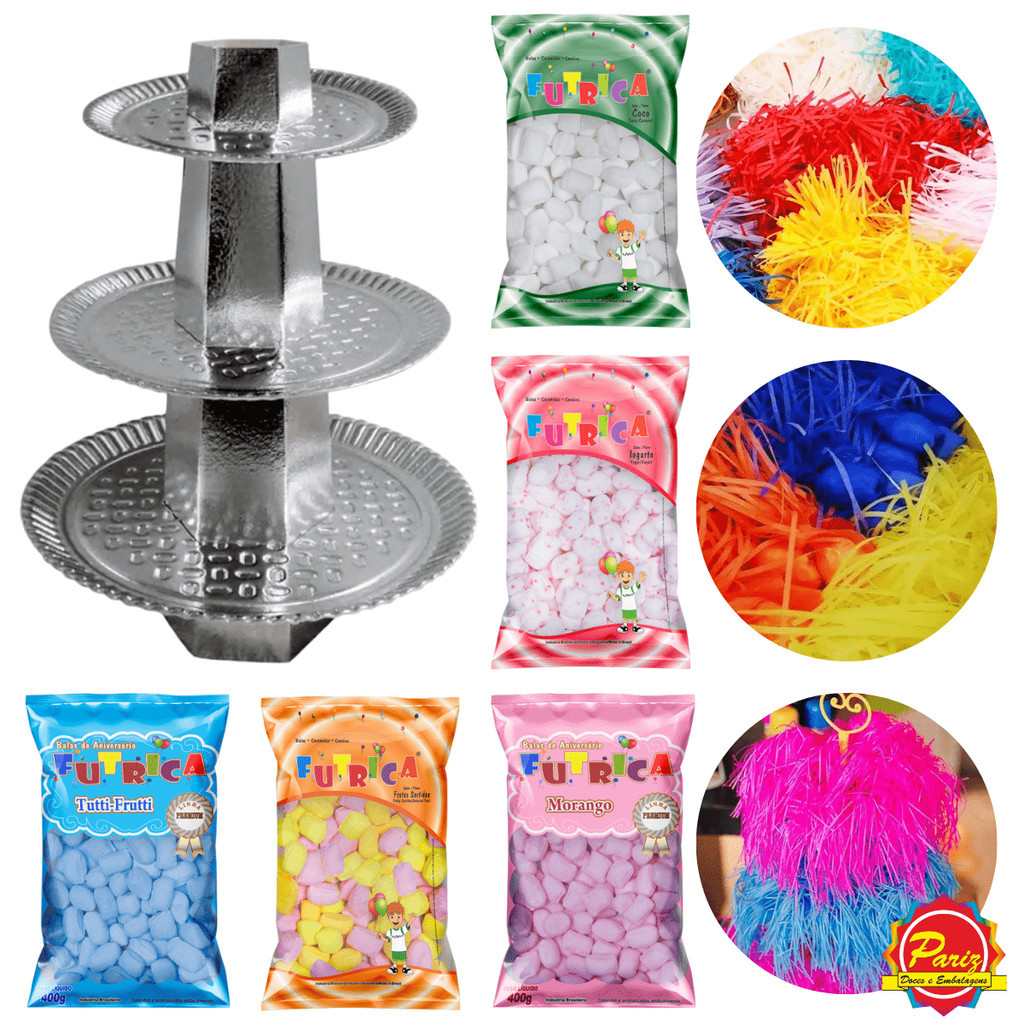 KIT Bala de Coco 400g + Baleiro 3 Andares + 3 Papel Seda para Bala Franja 48un Selecione Cor e Sabor