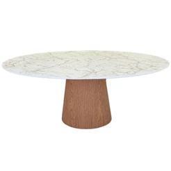 Mesa De Jantar Cone Oval 160x90 Cm Tampo Marmorizado Calacata Bronze - Base Freijó Cor Marrom