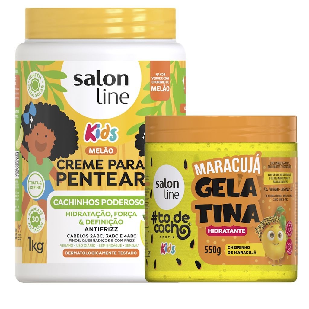 Kit Creme De Pentear Cachinhos Poderosos Melão 1kg + Gelatina Salon Line Todecacho Kids Maracujá Cachinhos Hidratados 550g - Mom & Baby
