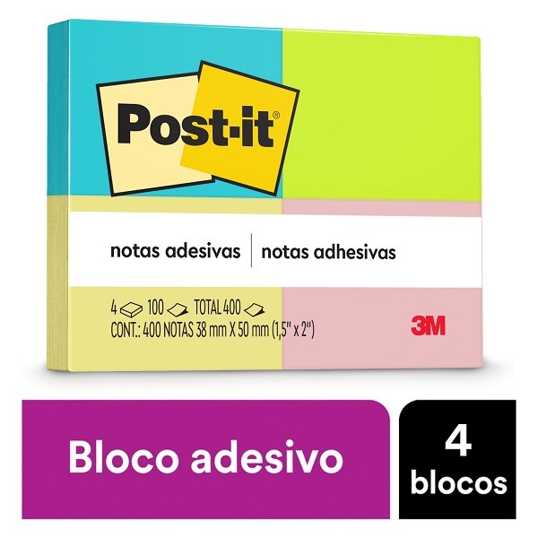 POST-IT 653 Neon 4 Cores 4 Blocos 100 Folhas Cada 38MM X 50MM 3M - Stationery