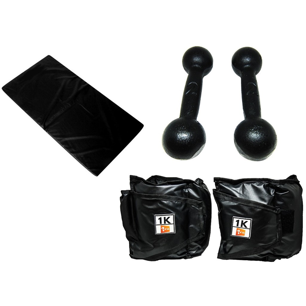 Kit Colchonete Preto + Par de Caneleira 1kgs + Par de Halter Bola Pintado 2kgs
