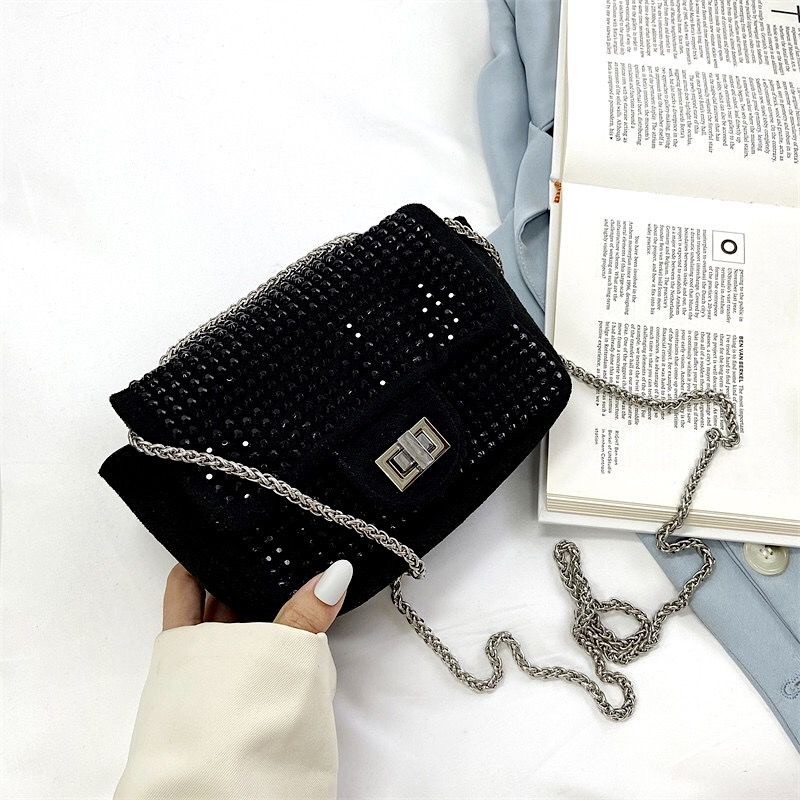 Bolsa Feminina Pequena Transversal Alça de Corrente Prata Brilho Cristais Strass — imagem 2 de 2