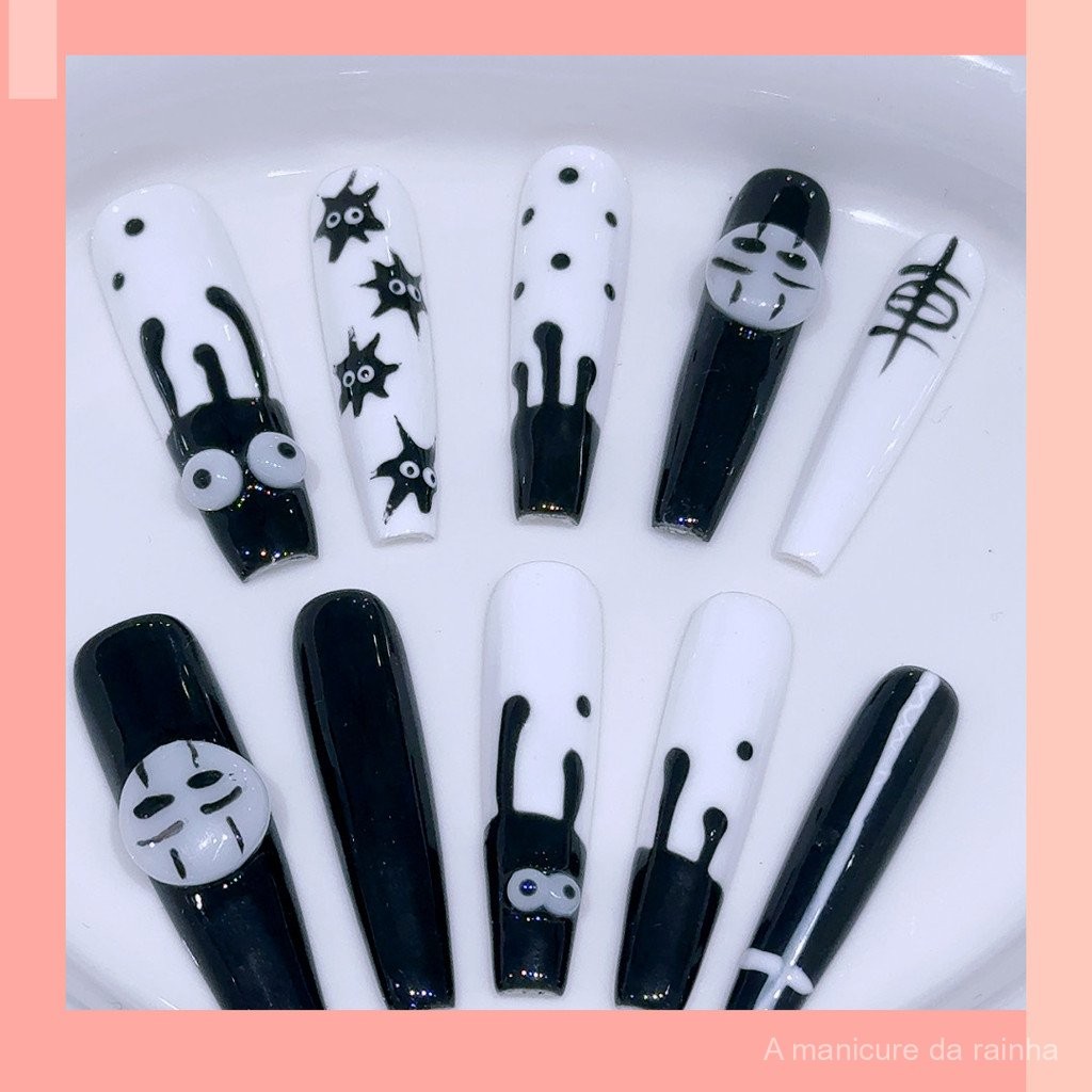 [JIN] Unhas postiças feitas à mão, Hayao Miyazaki sem rosto, pequena rede de aranha de briquetes, preto e branco bonito de nicho desenho animado de desenho animado usando armadura [10pcs]