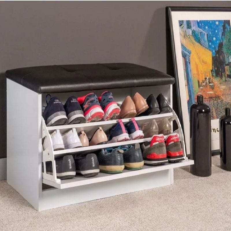 Sapateira Puff Bau Versatile Premium Luxo Até 12 Pares Branco - Estofado Preto em Oferta na Shopee