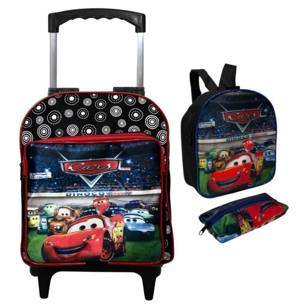 Kit Creche Mochila de Rodinhas + Lancheira e Estojo Carros para Meninos - Envio Imediato