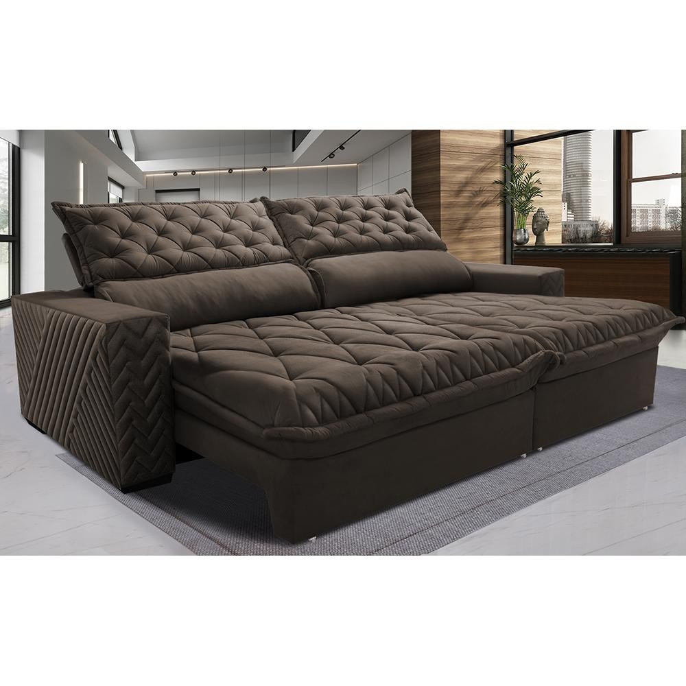 Sofá Retrátil e Reclinável 2,75m Molas Ensacadas Cama inBox Spazus com Bordado 3D Velusoft Café em Oferta na Shopee