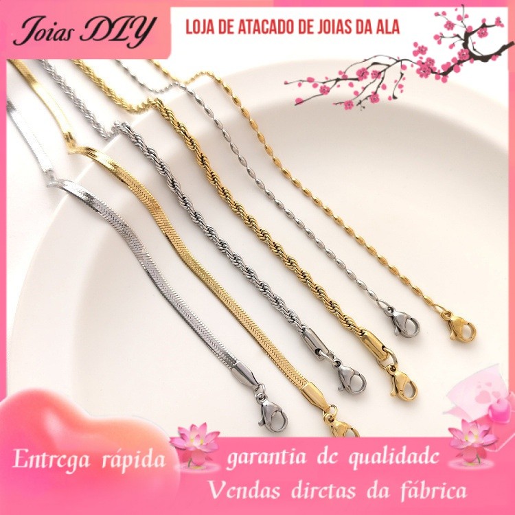 ????Joias DIY Acessórios????Cor de isolamento de aço de titânio banhado a ouro Colar de torção Lâmina Pulseira de contas de arroz Cadeia de osso artesanal Cadeia nua minimalista leve banhada a ouro 18K [Colar]