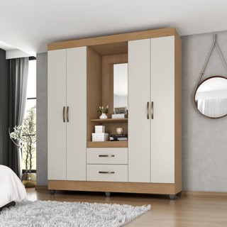 Guarda Roupa Casal Capela com Espelho 4 Portas e 2 Gavetas e Pés Lite Nature/Off White em Oferta na Shopee