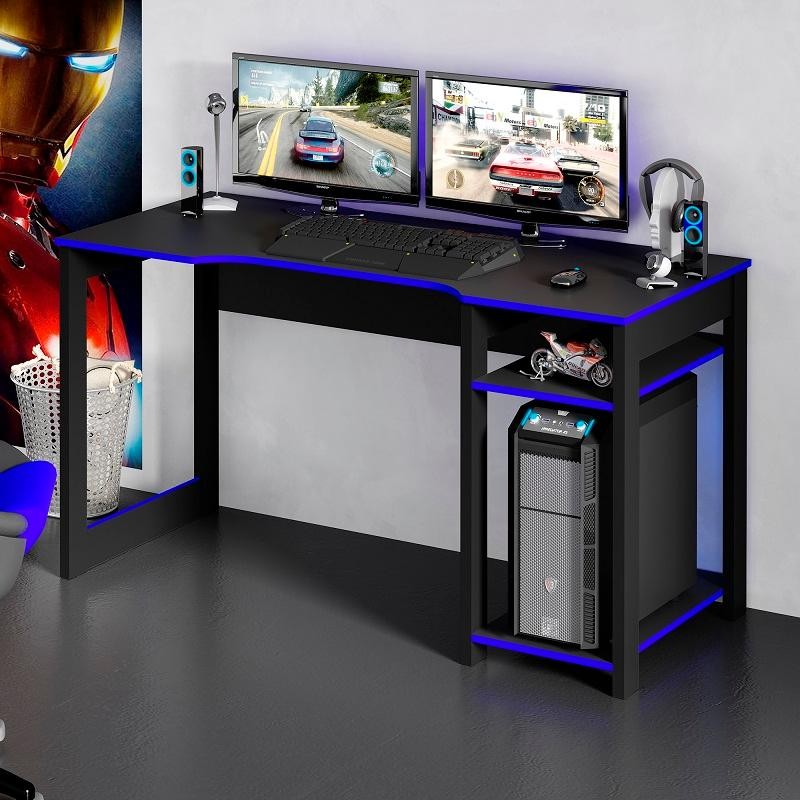 Mesa Gamer Escrivaninha Home Office Tecno Reversível Com Prateleira Preto Azul em Oferta na Shopee