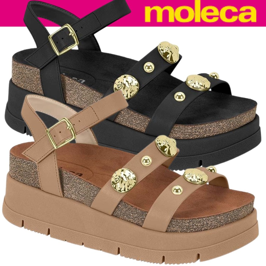 Sandália Feminina Moleca Plataforma Tiras Largas Esferas Metalizadas Lançamento Conforto em Oferta na Shopee