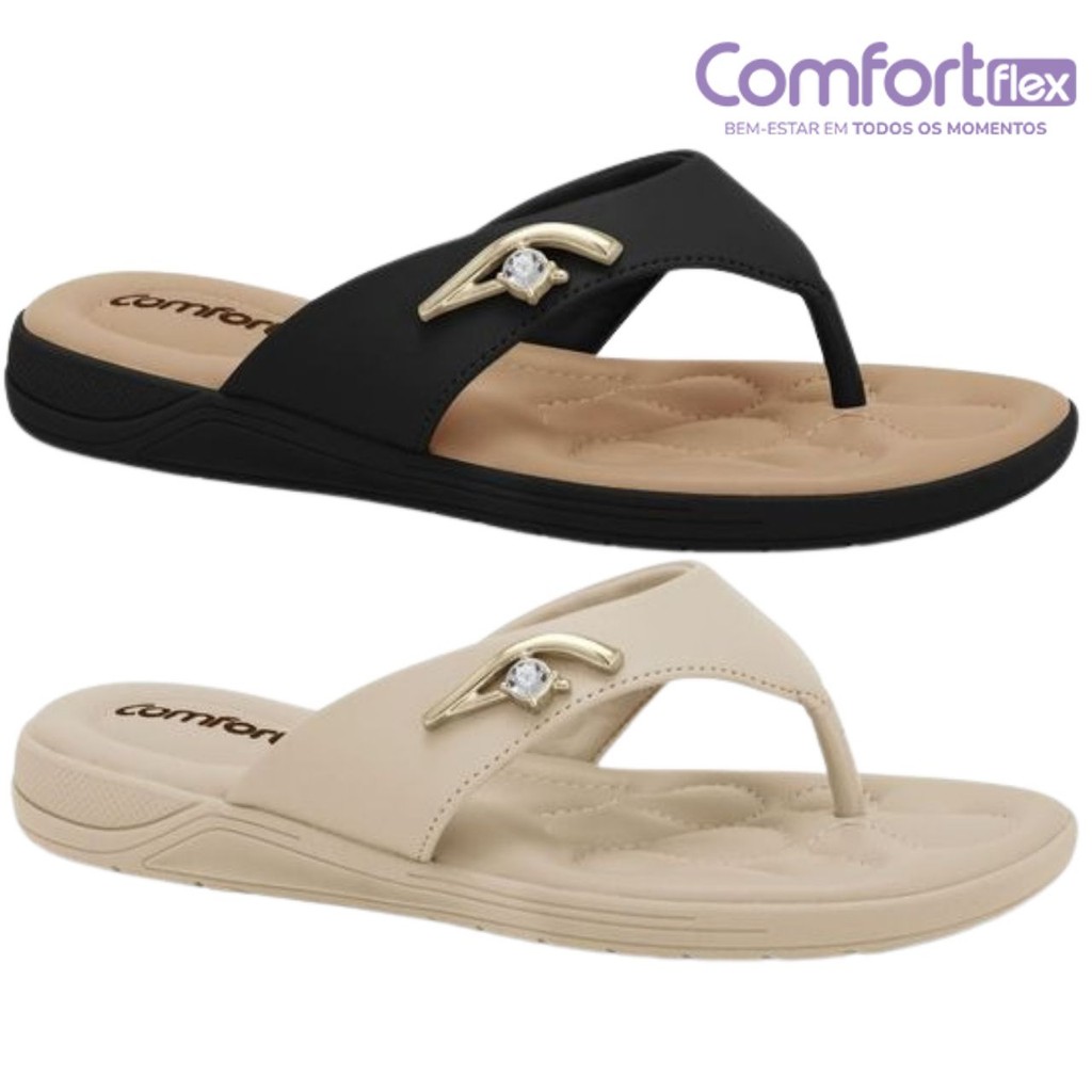 Sandália Chinelo Feminina Comfortflex Rasteira Detalhe Dourado Conforto