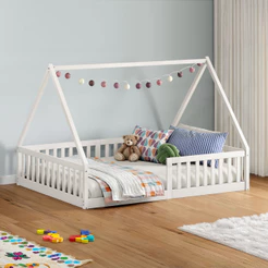 Cama Casal Infantil Montessoriana Branco Madeira Casa com Estrado Ravi