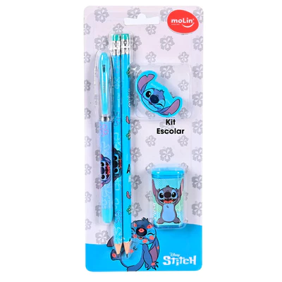 Kit Escolar Stitch 5 Peças Lápis Caneta Borracha Molin
